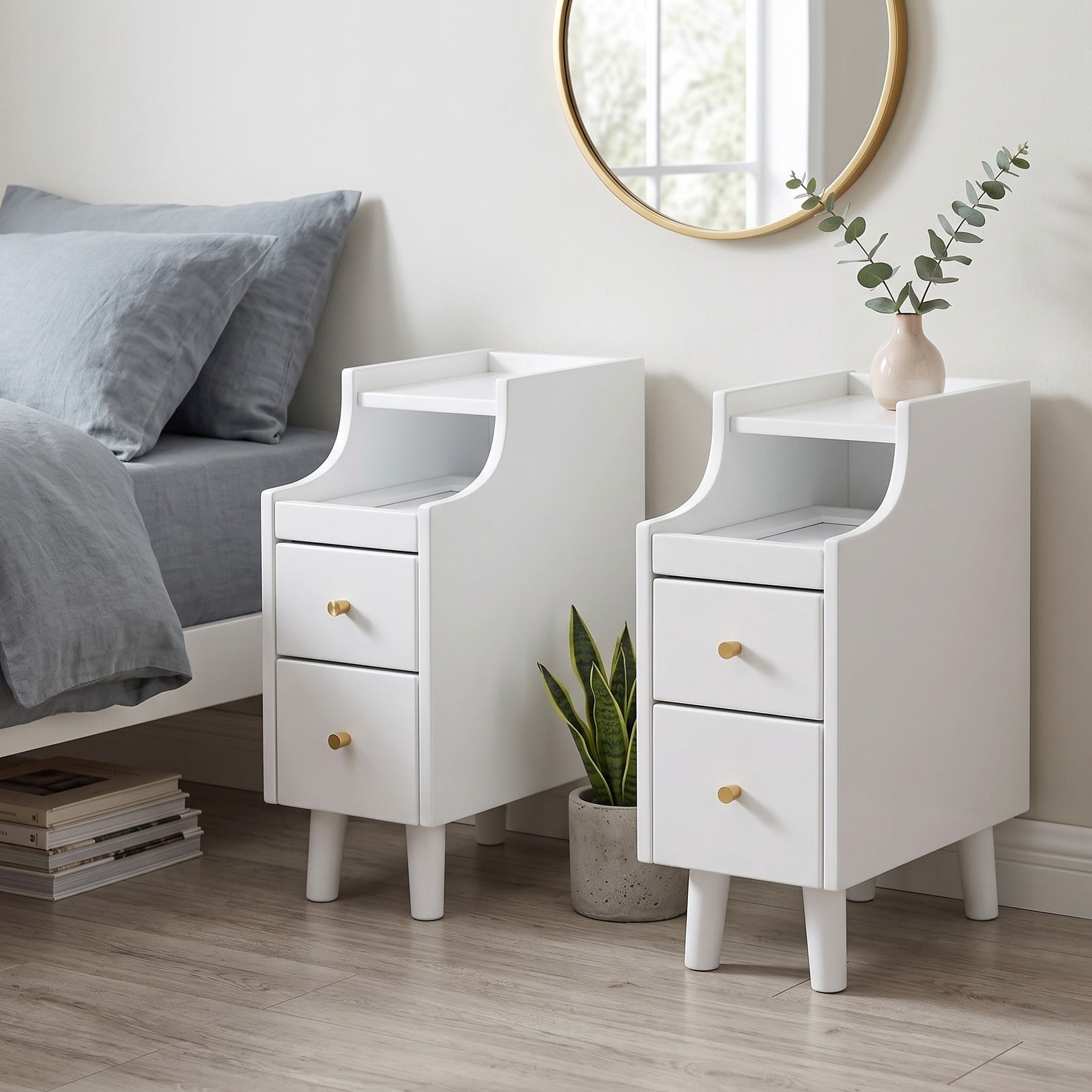 Furnibear Set of 2 Solid Rubber Wood Nightstands with Pull-out Tray and 2 Storage Drawers for Bedroom Living Room and Small Spaces, White