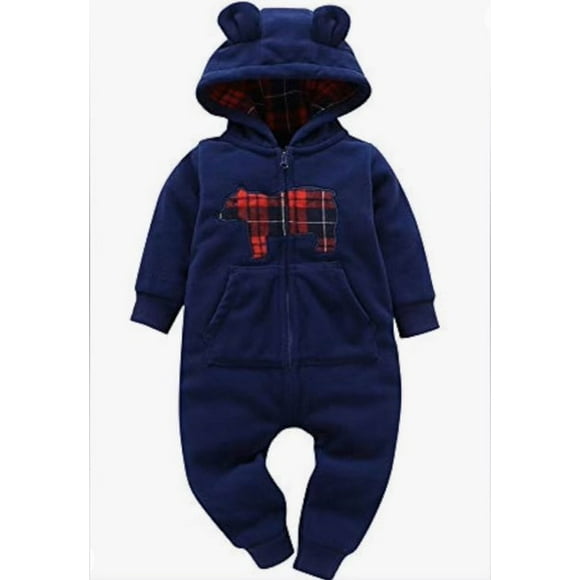 Unisex Long Sleeve Hooded Zippered Bear Romper 6-9 months
