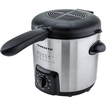 OVENTE Electric Deep Fryer, 0.9L Capacity, 840W with Adjustable Temperature, Locking Lid, Removable Fry Basket & Cool-Touch Handles, Stainless Steel Countertop Fryer, Silver FDM1091BR