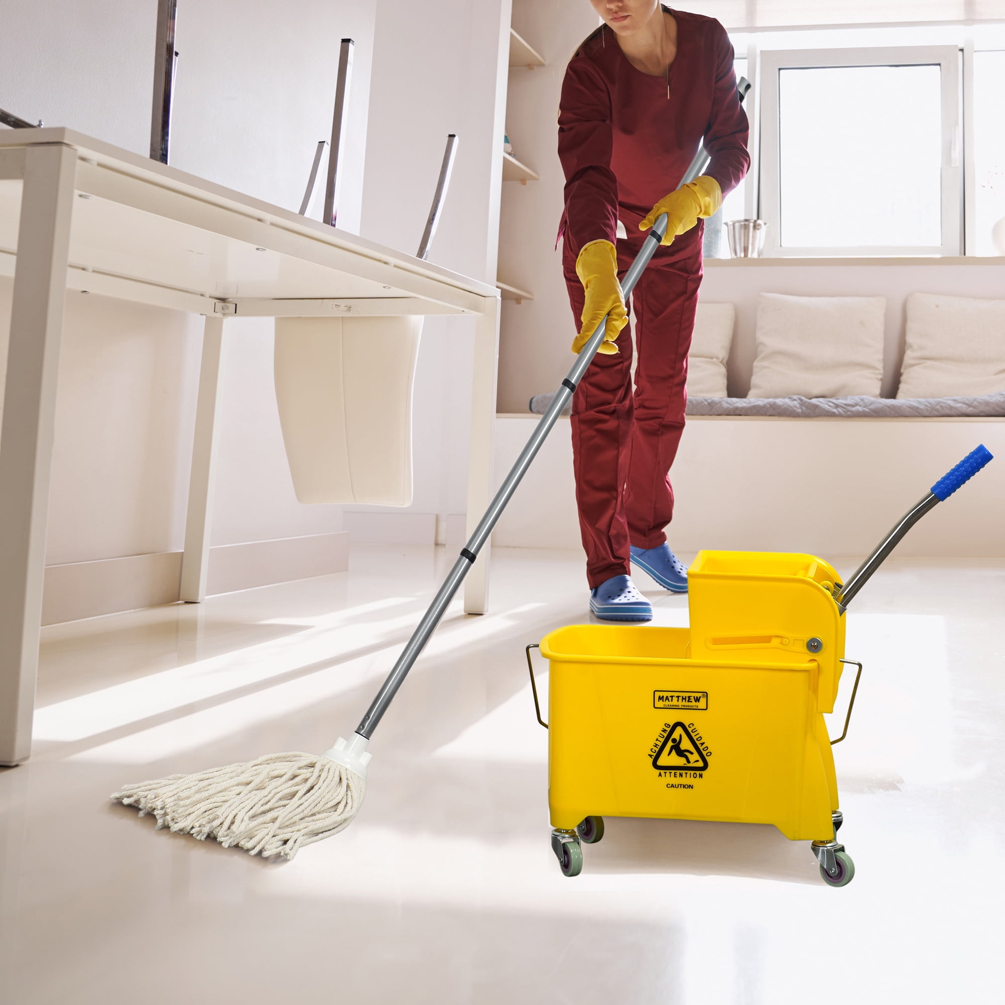 MATTHEW CLEANING Mop Bucket String Mop with Side Press Wringer On Wheels,Heavy Duty Tandem Portable Floor Cleaning Wavebrake,Ideal for Household,Industrial,Restaurant,22 Quart