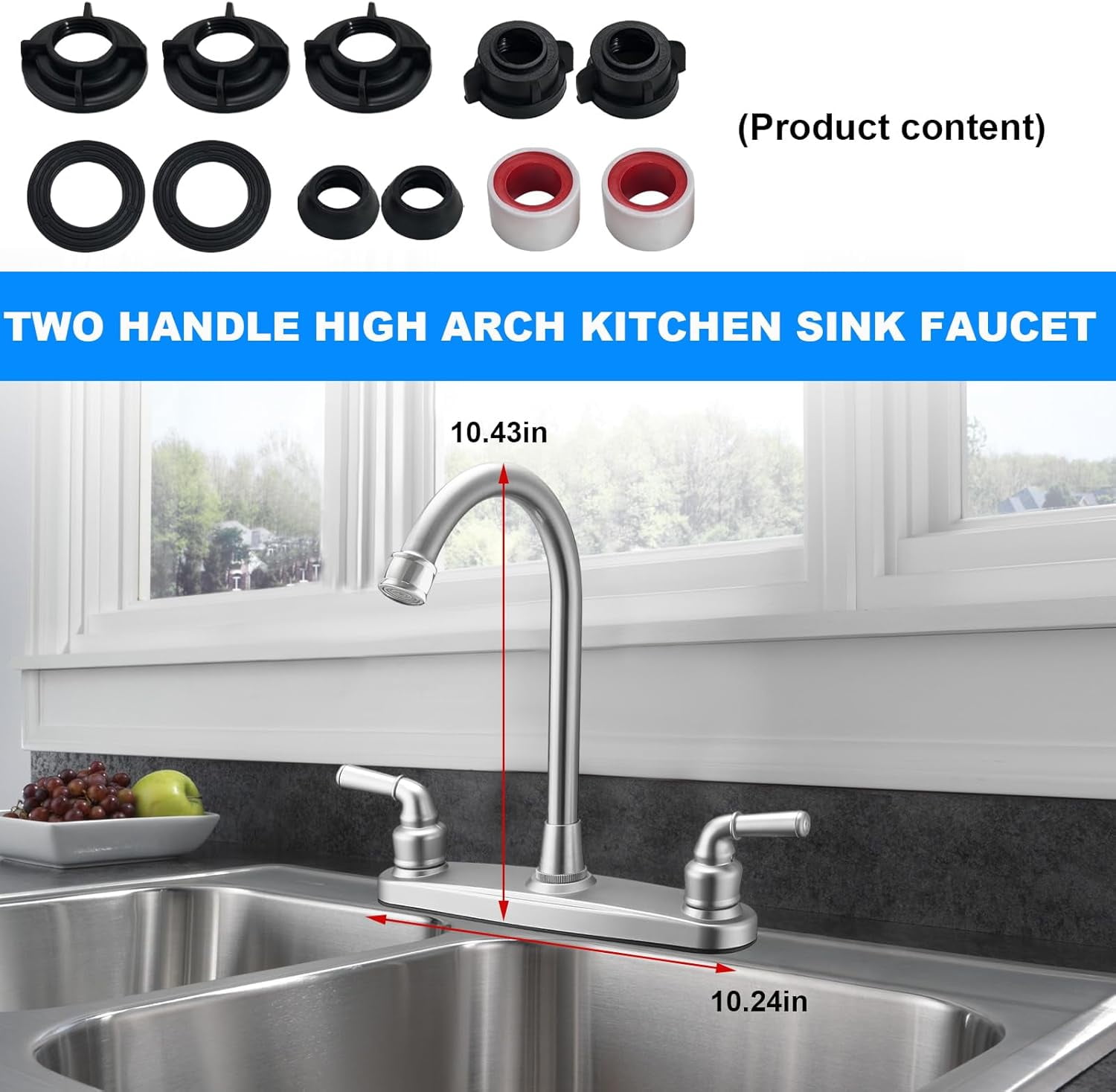 RV Kitchen Faucet, Two Handle High Arch Sink Non-Metallic Brushed Nickel 2 360° Rotating Spout Faucet for Motorhomes Travel Trailers