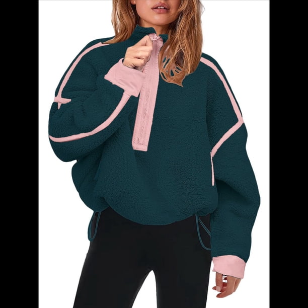 Sudadera de Mujer con Media Cremallera, Suave y Extragrande, con Bolsillos, Cálida y Afelpada. Verde Oscuro L