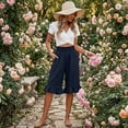 thumbnail image 6 of Cotton Linen Pants Women Summer Casual Pull on Wide Leg Drawstring Elastic Waist Petite Ruffle Hem Capri Pants with Pockets Navy XL, 6 of 7