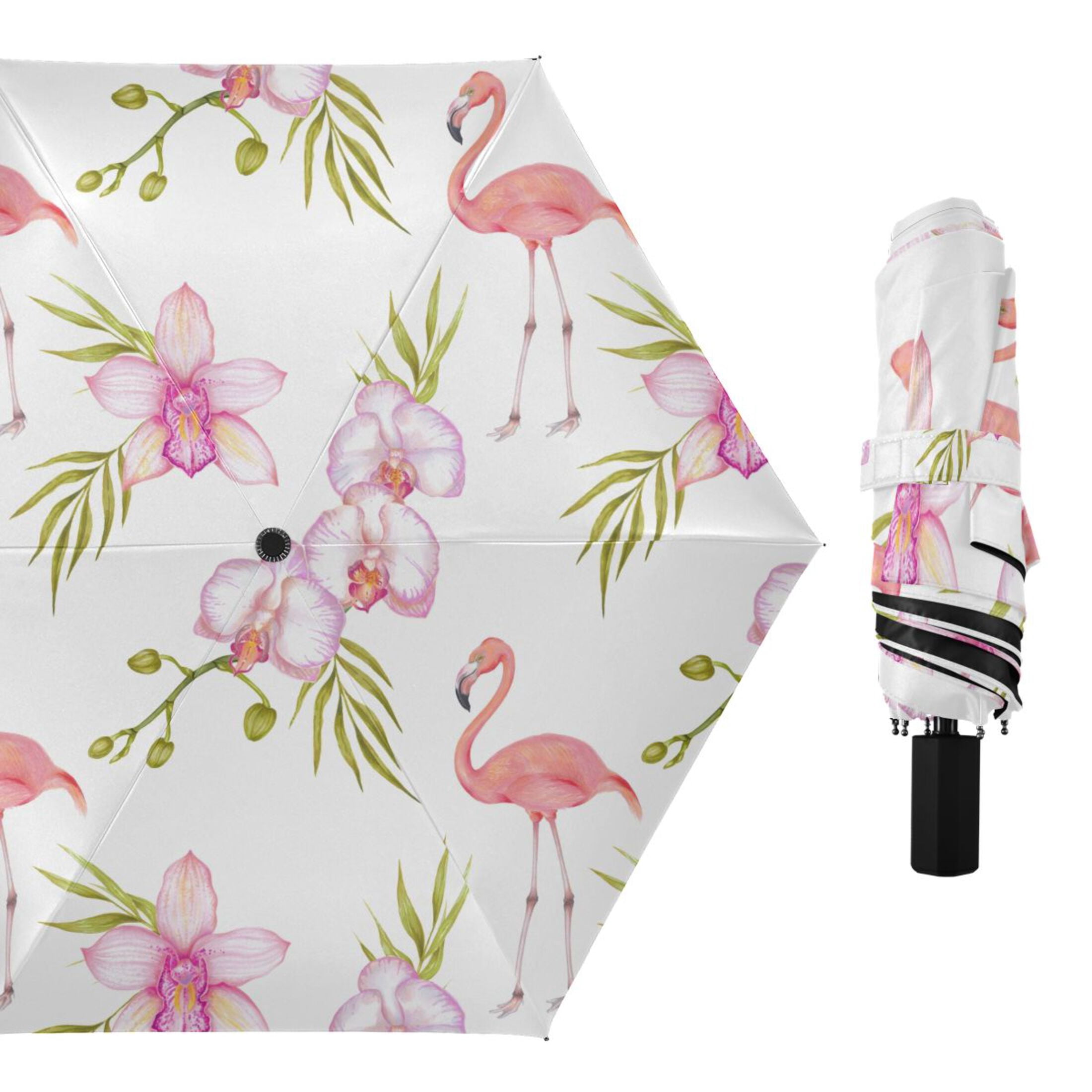 Pink Flamingo Flowers Compact Folding Umbrella for Rain Windproof Travel Umbrella UPF 50+ Lightweight Packable Arc Size