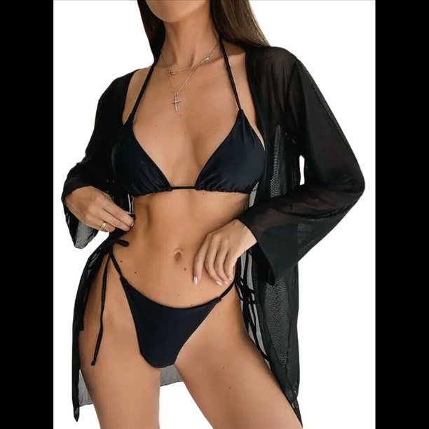 Bikini Triangular con Lazo en la Parte Inferior y Cuello Halter para Mujer. Negro XL