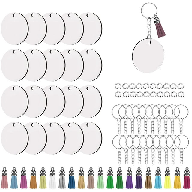 80 Pcs Porte-Clés de Sublimation Vierges en Vrac pour Projet en Vinyle Transfert de Chaleur Porte-Clés Incluant Planches de Sublimation Rondes en MDF Double Face, Anneaux Porte-Clés, Pompons en Cuir, Anneaux de Saut pour Ornement DIY