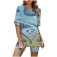 thumbnail image 1 of Mikilon Ensemble Élégant pour Femmes 2 Pcs Mode Col Rond Blouse Manches Courtes Hauts Shorts Ensemble Décontracté Bleu L, 1 of 5