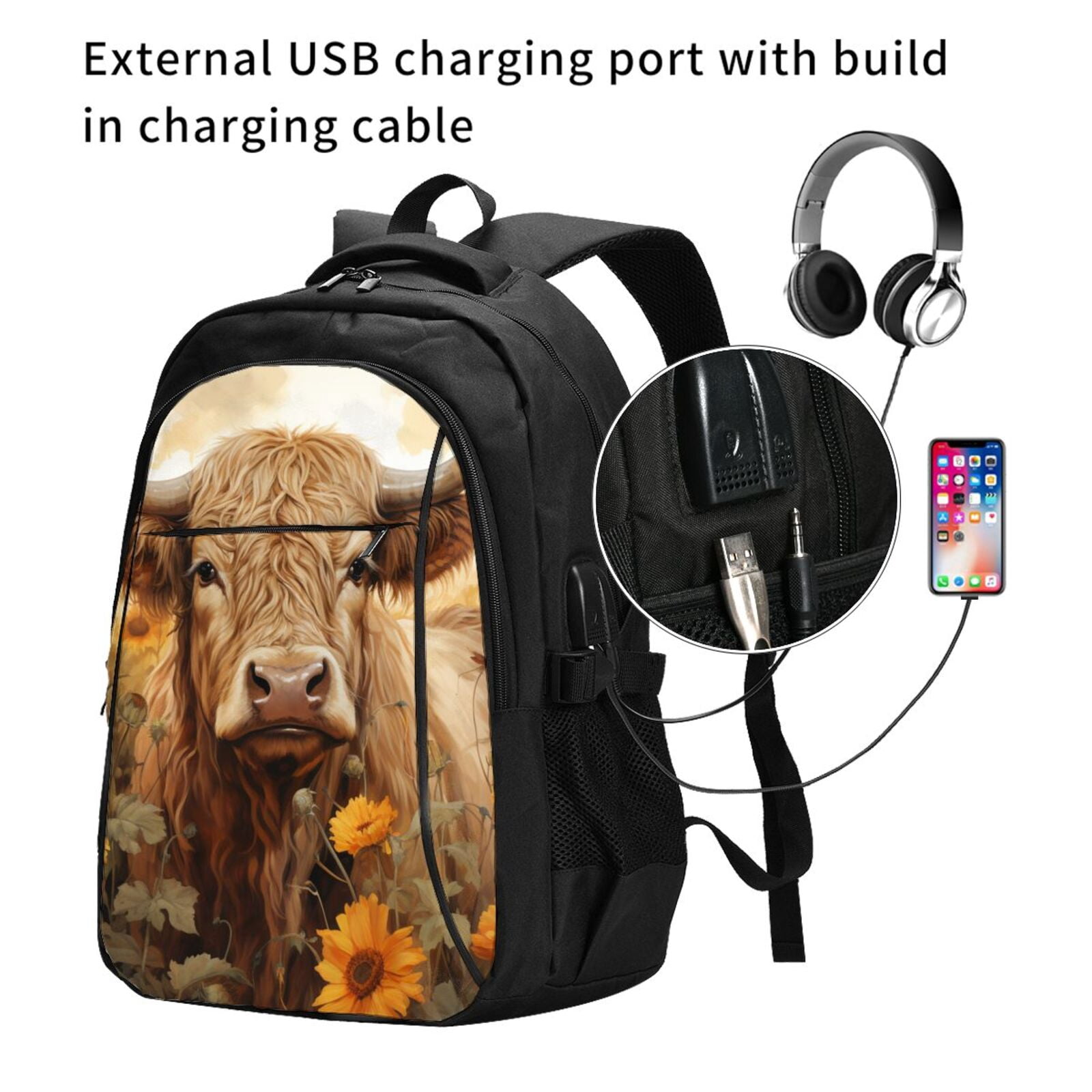 Vsdgher Vintage Sunflower Cow Print Travel Laptop Backpack, Laptops Backpack with USB Charging Port, Water Resistant Computer Bag Gift for Men & Women