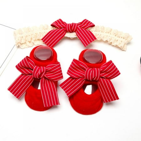 

Baby Girls Baby Socks And Headband Set Lovely Red Bowknot Decorated Anti-Slip Cotton Ankle Socks With Elastic HairBand Set