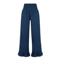 thumbnail image 5 of Linen Pants Women Smocked High Waisted Wide Leg Cropped Palazzo Pants with Pockets Flowy Boho Ruffle Ankle Beach Pant Navy XL, 5 of 6