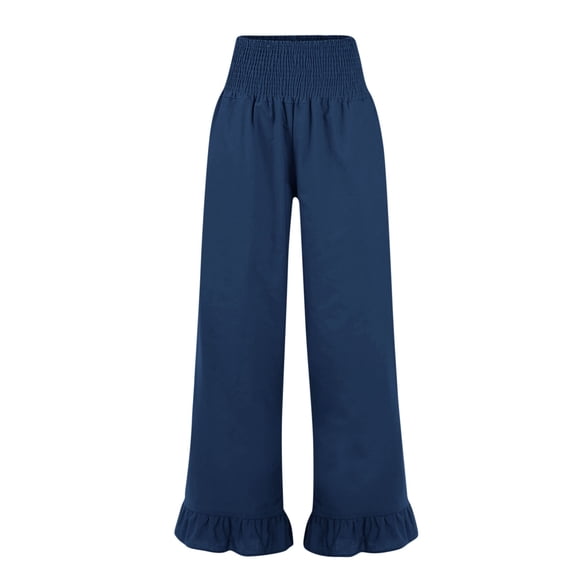 Lumtrix Women’s Casual Linen Pants Wide Flared Leg Drawstring Palazzo Pants Summer Beach Ruffle Trousers with Pockets Navy 2XL
