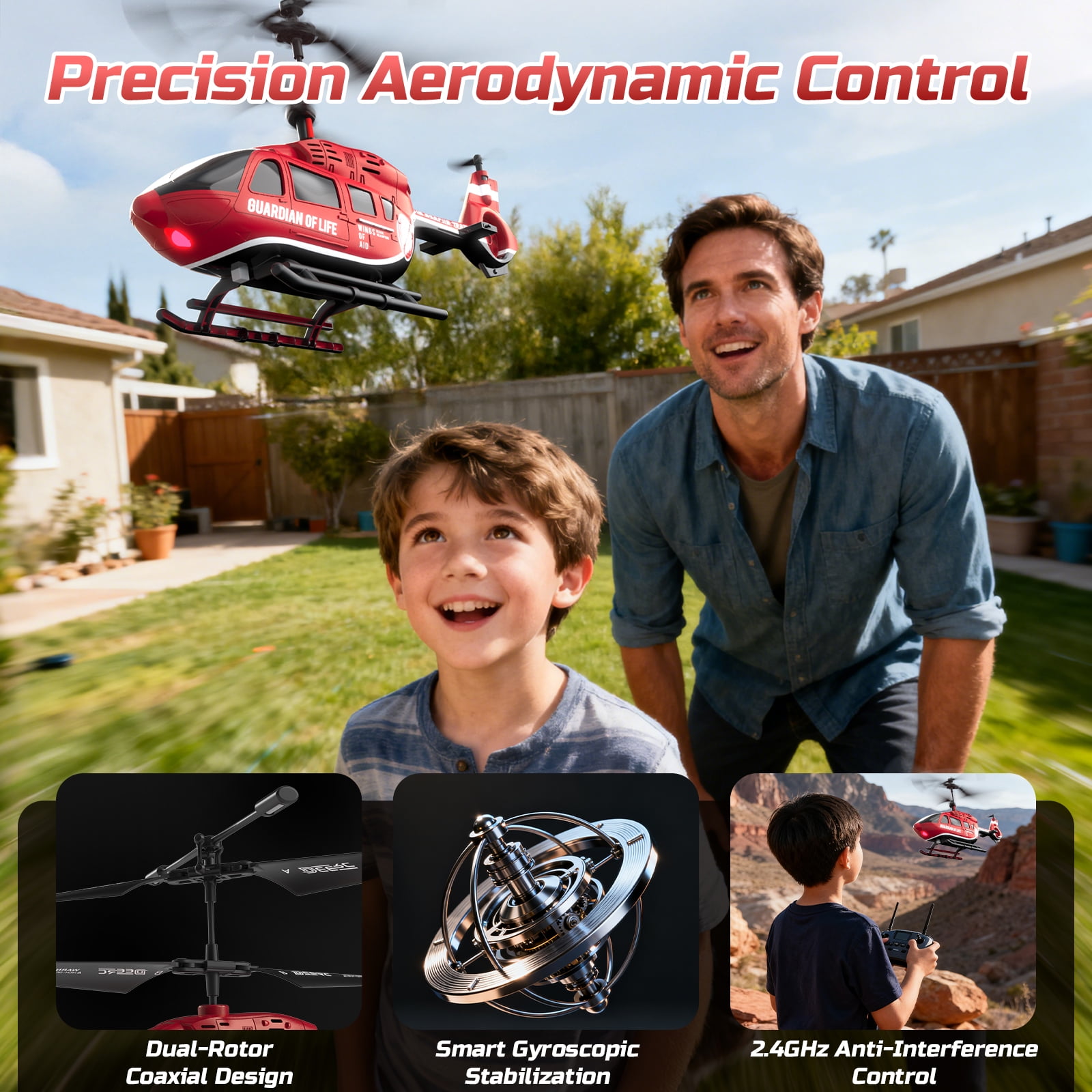 DEERC Remote Control Helicopter, Military Rescue RC Helicopter Toy with LED Lights, 2 Batteries, Altitude Hold & 2.4GHz Stable Control, Realistic Rescue Design, Ideal Gift for Kids and Adults