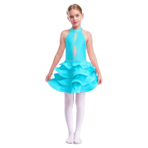TTAO Kids Girls Shiny Rhinestone Tiered Latin Dance Dress Sleeveless Jazz Tango Rumba Salsa Samba Dancewear Light Blue 10