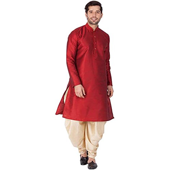 Royal Kurta Men's Silk Blend Straight Kurta Salwar Set (38, MAROON-GOLD)