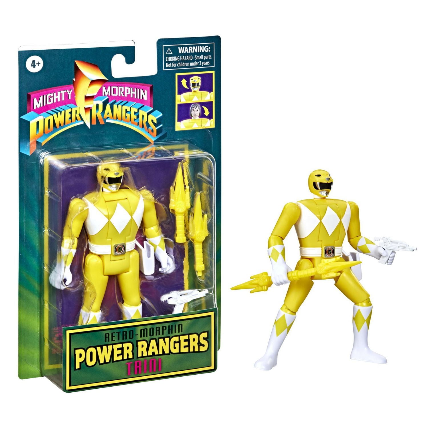 Power Rangers Retro-Morphin, figurine Ranger jaune, Trini, tête basculante, bande dessinée inspirée du jouet Mighty Morphin classique, dès 4 ans