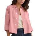thumbnail image 2 of Women's Cotton Linen Button Down Shirts Casual 3/4 Sleeve Double-Breasted Collared Work Blouses Lightweight Cardigan Pink XL, 2 of 7
