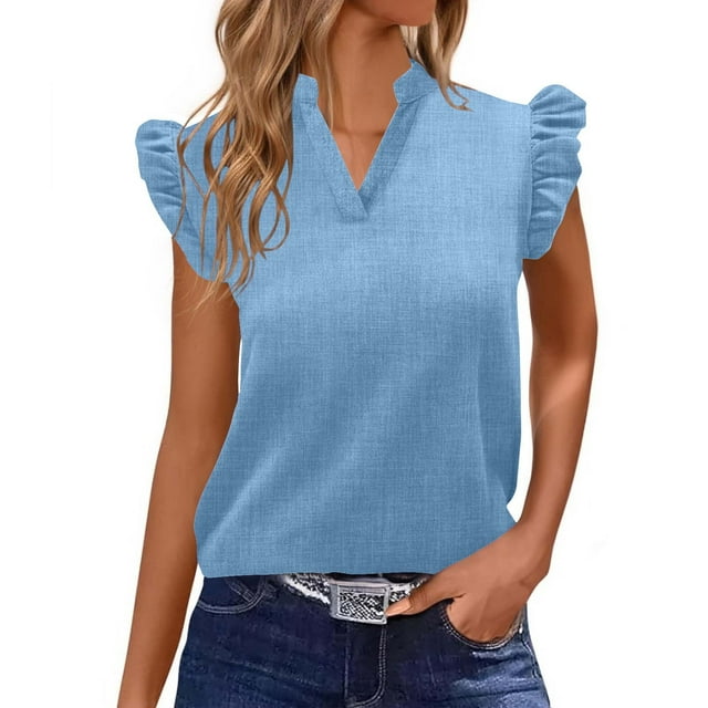 Soki Womens Short Sleeve T-Shirts V Neck Tops Summer Fashion Dressy Casual Basic Ruffle Blouse Soft Clothes