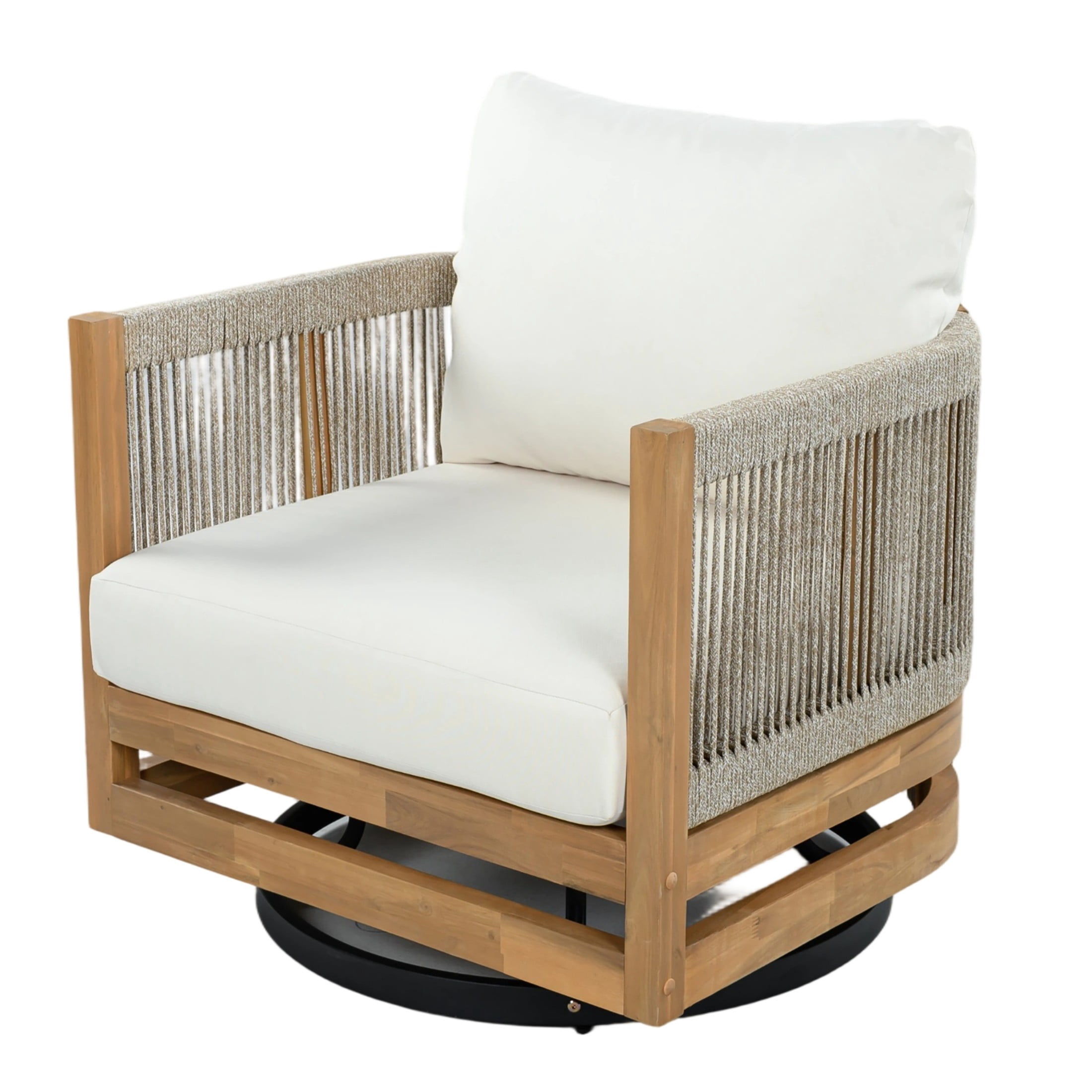 Christopher Knight Home Bohemian Wood Outdoor 360° Swivel Chair with Cushions and Rope Back, Beige
