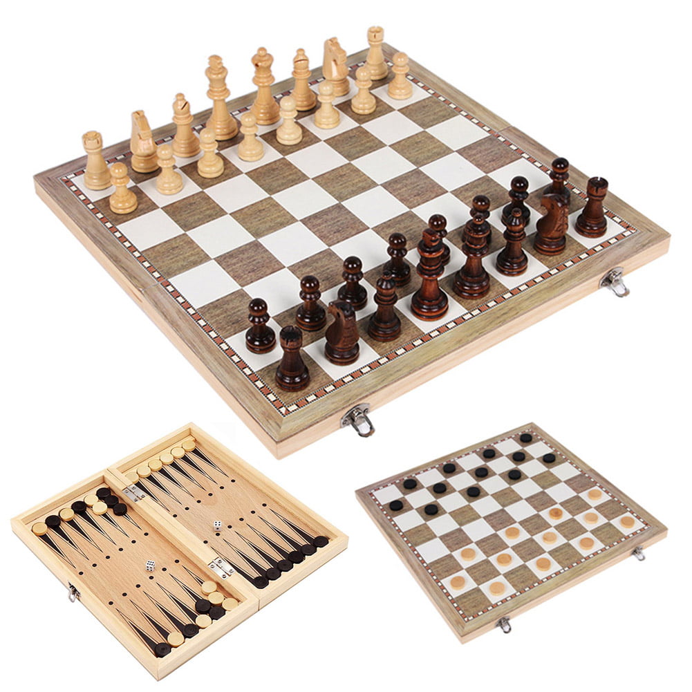 3 in 1 Wooden Chess Draughts Backgammon Checkers Folding Chessboard Chess Set SH 