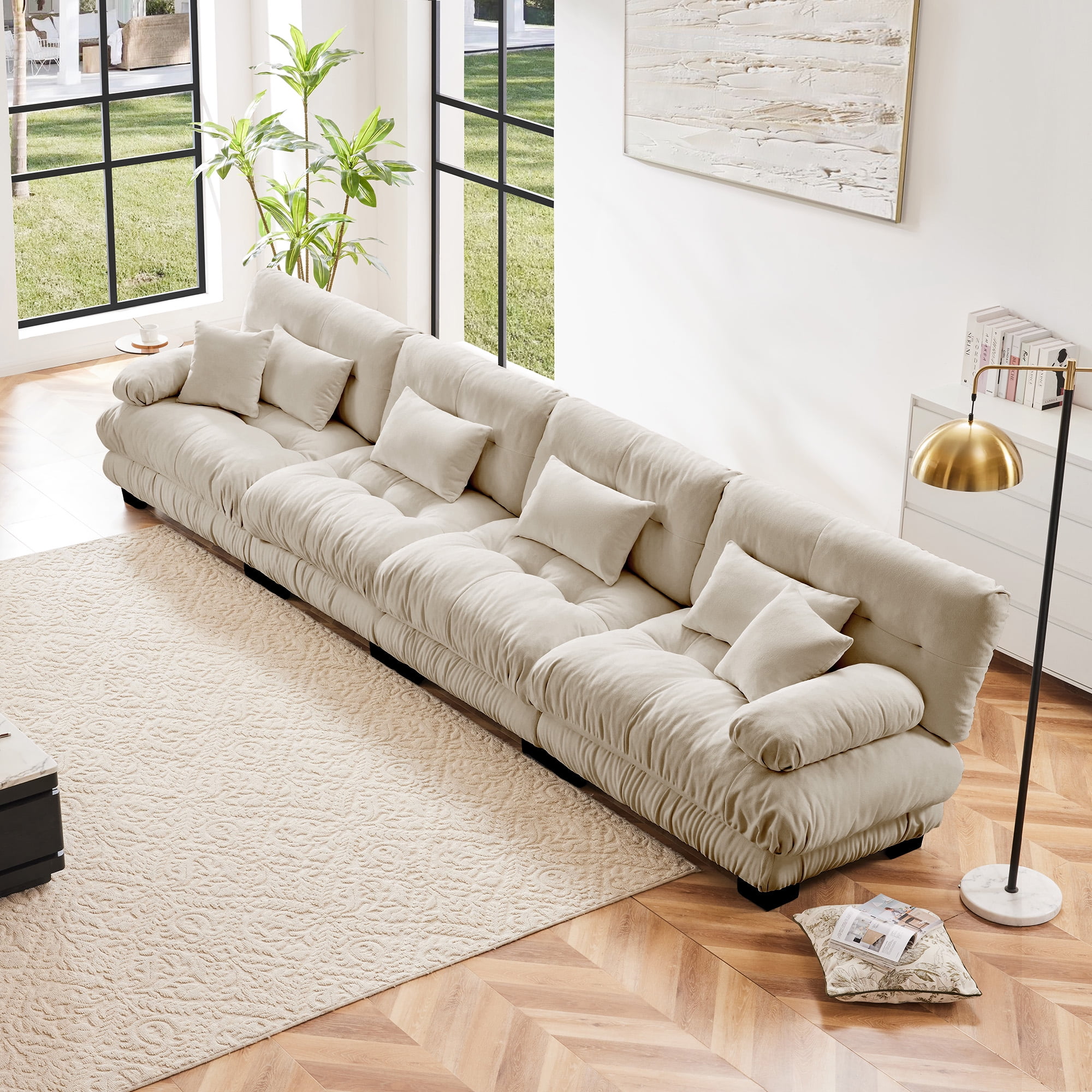Gewnee White Chenille Cloud Couch 2 Seater Sofa for Living Room, Chenille 2 - Seat sofa with 2 Lumbar pillows and 2 throw pillows,
