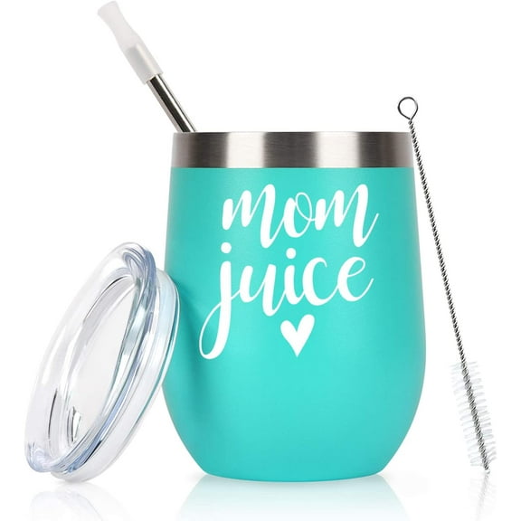 Mom Juice Wine Tumbler Mom Birthday Gifts for Mom New Mom Mothers to be Wife Women Her, Mother''s Day Gifts from Daughter Son Kids, 12 Oz Insulated Stainless Steel Wine Tumbler with Lid, Mint