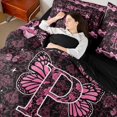 thumbnail image 3 of Meiyoeat Kawaii Glitter Butterfly Letter P Bedding Comforter Set for Women Girls, Pink Black Aesthetic Queen Bedding Sets, Black Reversible, 7 Pieces, 3 of 6