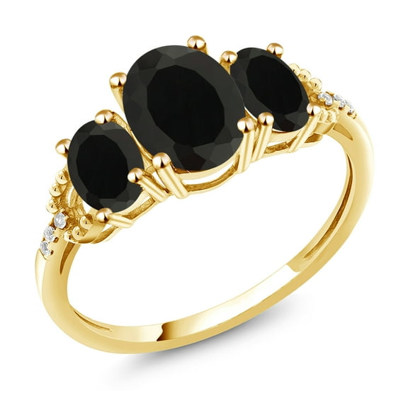 Gem Stone King 10K Yellow Gold Black Onyx and Diamond 3-Stone Engagement Ring | 2.44 Cttw | Gemstone Birthstone | 3 Stone Wedding Engagement Anniversary Promise Ring for Women (Size 5)
