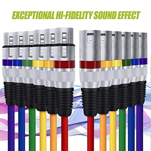 GearIT XLR to XLR Microphone Cable (6 Feet, 6 Pack) XLR Male to Female Mic Cable 3-Pin Balanced Shielded XLR Cable for Mic Mixer, Recording Studio, Podcast - Multi Colored, 6Ft, 6 Pack