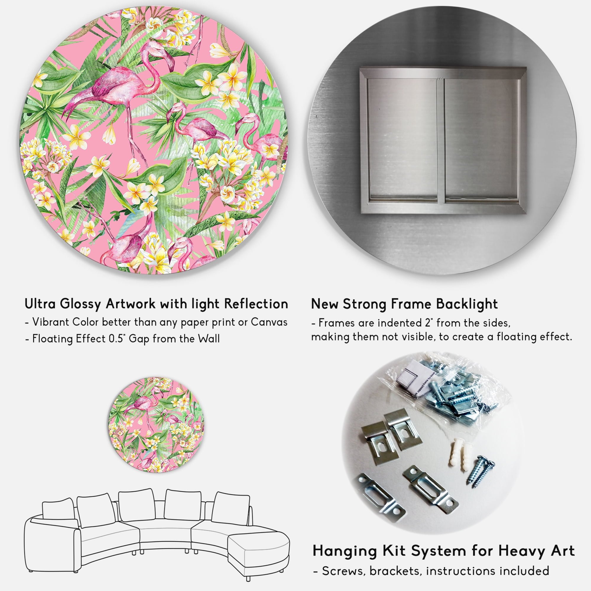 Designart 'Yellow Flowers, Tropical Foliage With Flamingo III' Modern Circle Metal Wall Art 23x23 - Disc of 23