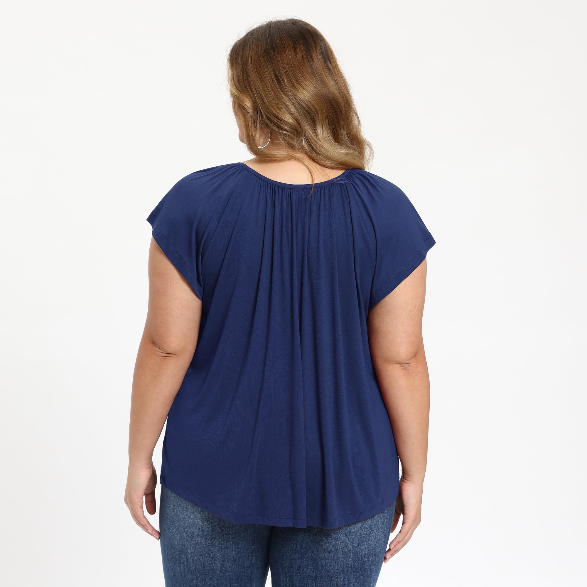 DARING DIVA Women's Plus Blouse Pleated Ruffle Sleeve Round Neck Loose Tops 3X Dark Blue