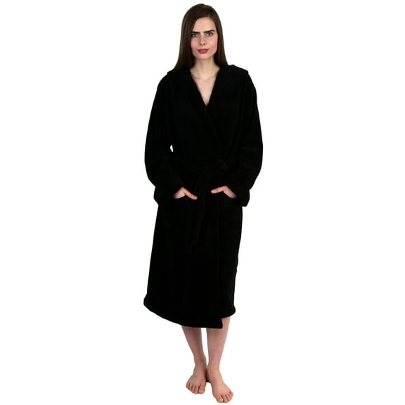 TowelSelections Women's Robe Soft Plush Fleece Hooded Spa Bathrobe Small/Medium Black