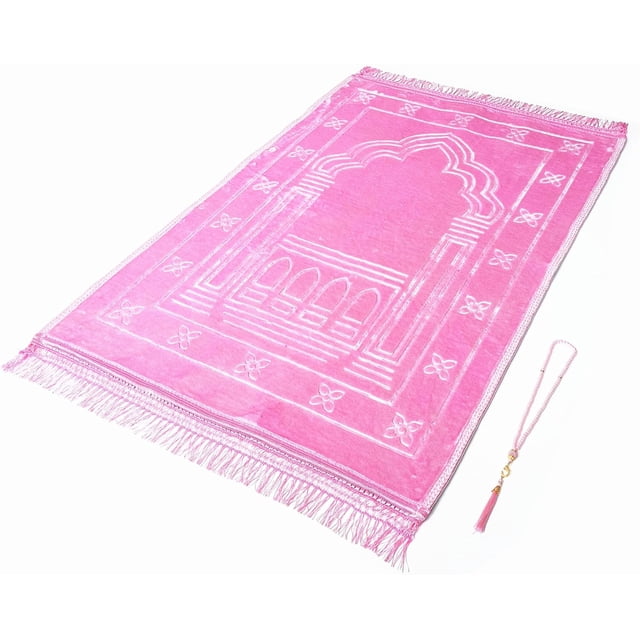 Muslim Prayer Rug with Prayer Beads, Portable Prayer Mat, Traditional Design Soft Fabric Muslim Thick Prayer Rugs, Luxury Prayer Rug Islam for Women Men, Ramadan or Eid Prayer Carpet Pink