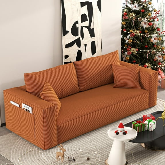 FocalSweet 89" Living Room Sleep Sofa, Deep Seat Corduroy Couch with Side Pocket,No Assembly Required, 3 Seater, Orange