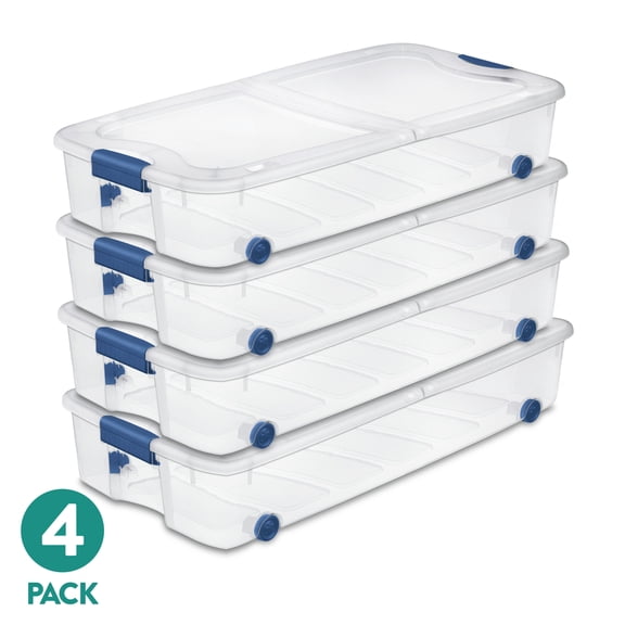 Sterilite Latching Wheeled Storage Bin, 66 Quart Clear Underbed Storage Container with Latch Lid, Blue, 4 Pack