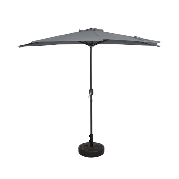 WestinTrends Lanai 9 Ft Outdoor Patio Half Umbrella with Base Include, Small Grill Deck Porch Balcony Shade Umbrella with Crank, 20 inch Fillable Round Base, Gray
