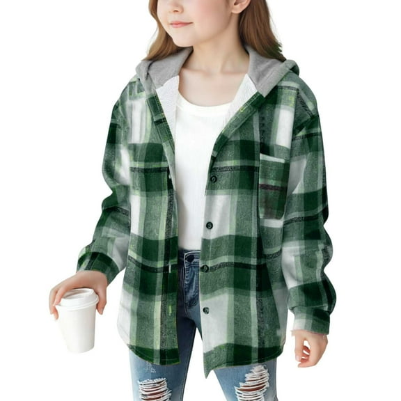 ATOGUTA Kids Jackets Girls Kids Long Sleeve Fleece Winter Warm Outwear Hooded Plaid Clothes Size 4T-15, Green
