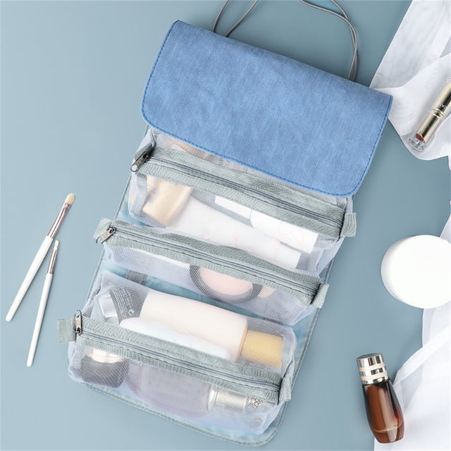 Neceser desmontable, organizador de maquillaje portátil de malla, estuche de viaje enrollable colgante, bolsa de maquillaje resistente al agua para baño, hogar u hotel. Guarda cosméticos, artículos