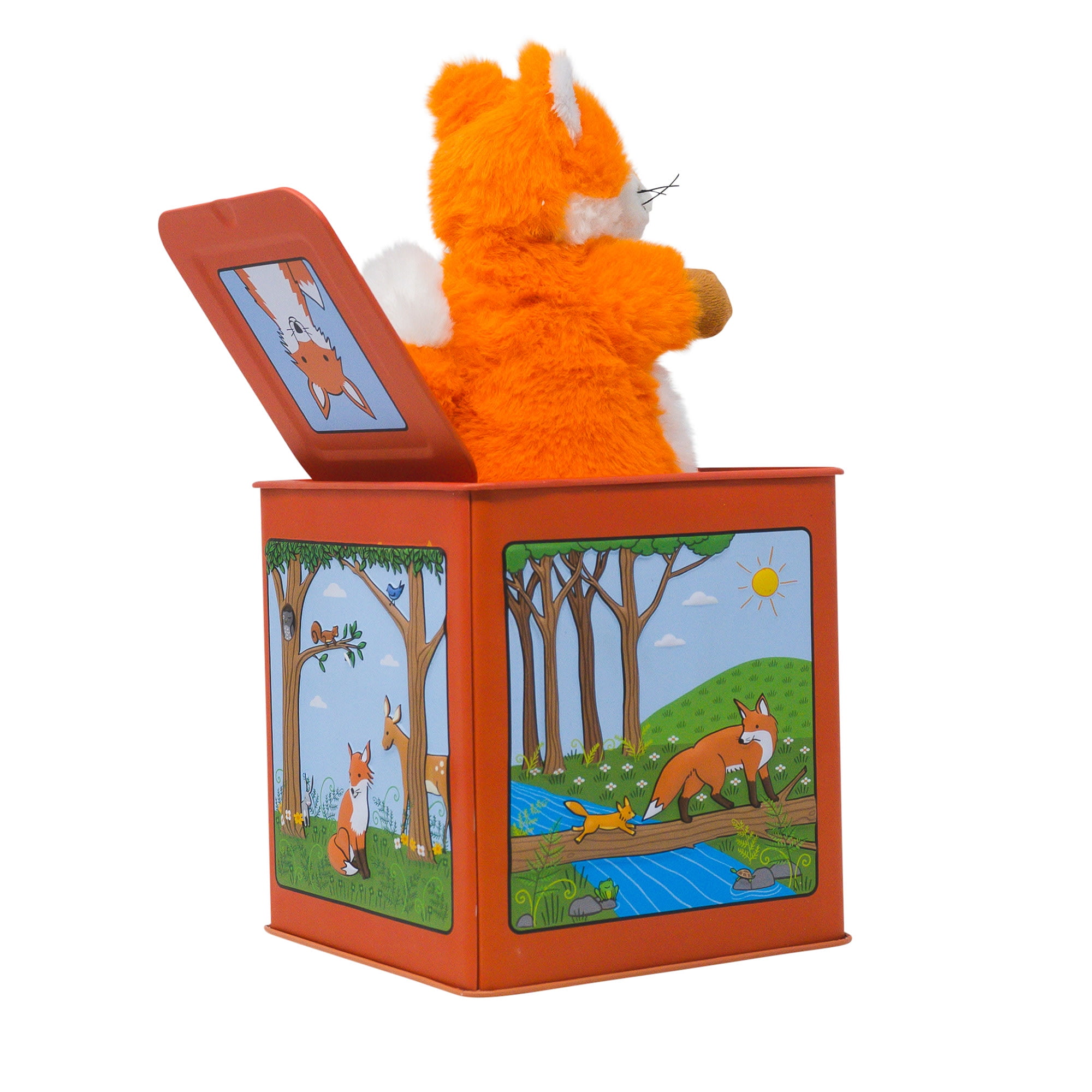 Jack Rabbit Creations Finn The Fox Jack in The Box Toy, Plush Fox, Side Crank Plays Pop Goes The Weasel, Surprise Pop-Up, Kids Age 3+