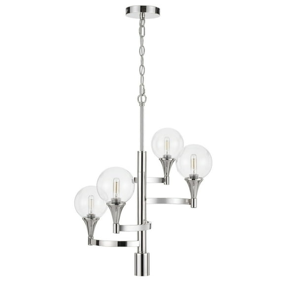 Chandelier with 4 Globe Glass Shades and Cone Design Holders, Chrome- Saltoro Sherpi