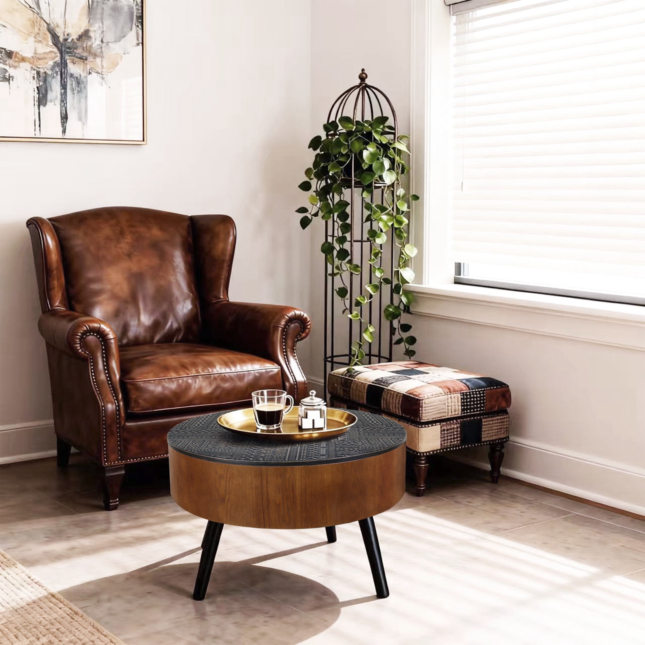 Noble House Tappen 31.5" Round Coffee Table with Engraved Top, American Wood Side Table for Small Spaces, Brown