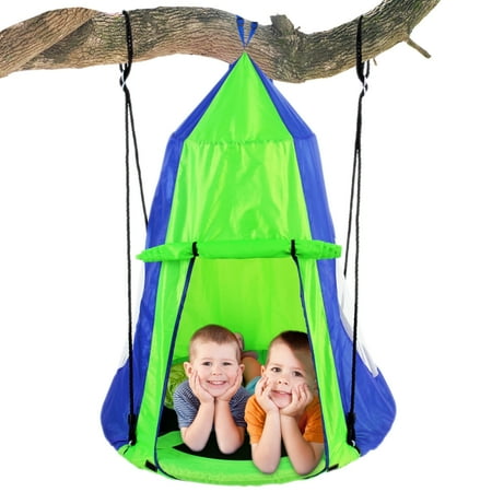 SereneLife 40" Kids Hanging Tent Swing, Outdoor Saucer Swing with Rope Straps (Green)