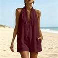 thumbnail image 2 of Cmfcve Linen Overalls Romper Short for Women Halter Neck Sleeveless Casual Wide Legs One Piece Jumpsuit with Pockets, 2 of 5