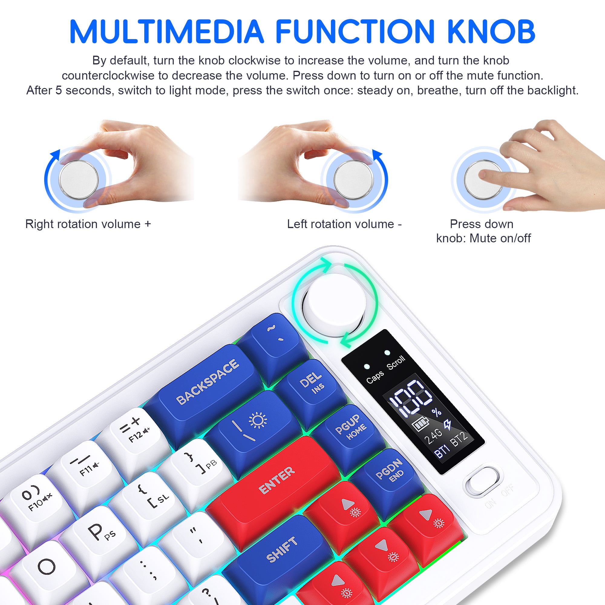 2.4G+Dual Bluetooth Keyboard 68 Keys with Multifunctional Display,Long Battery Life.Wireless Gaming Keyboard for PC/Tablet/Phone