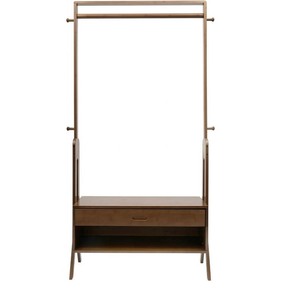 Clothing Rack with Drawers, Freestanding Bamboo Garment Coat Hanging Rack, Tall Closet Storage Organizer with Seat & Hooks for Entryway Bed Room, 300LB Capacity, Brown
