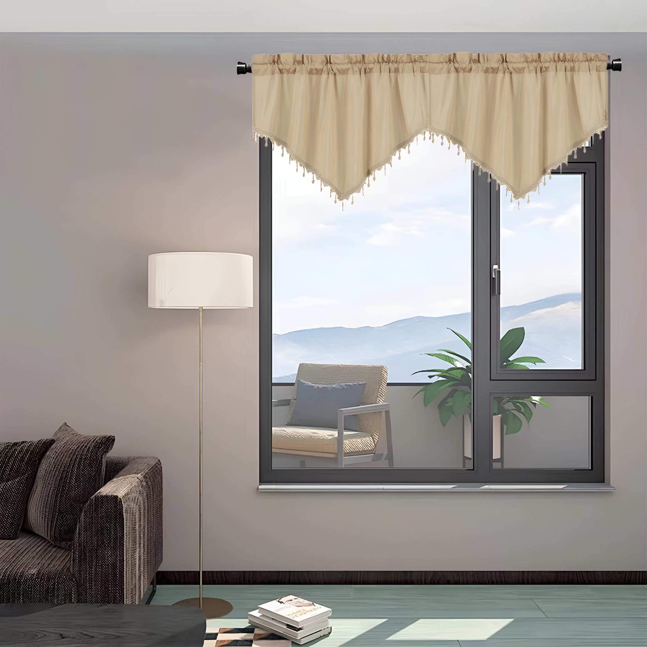 AUQ 2026 New Window Valances Curtains for Kitchen,Rod Pocket Triangle Farmhouse Valance Beads Trim Tassel Curtain Valances for Bedroom Bathroom Cafe,51 X 23" Length