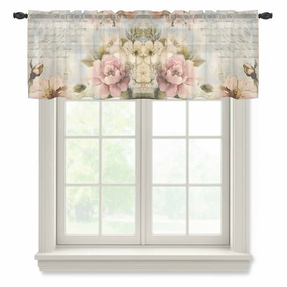 Farmhouse Pink Floral Valance Curtains for Kitchen/Living Room/Bathroom/Bedroom Window, Rod Pocket Small Topper Half Short Window Curtains Voile Sheer Scarf, Spring Vintage Botanical Flowers 60"x18"