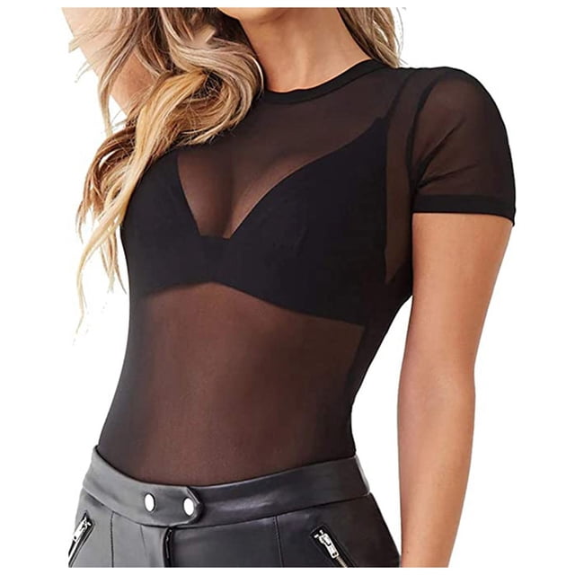 Blusa de manga corta transparente con malla para mujer - Top sexy - Tejido de red - Tallas S/M/L/XL