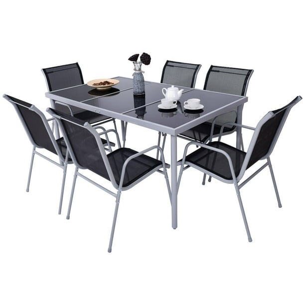 Costway Patio Furniture 7 Piece Steel, Glass Top Garden Table And 6 Chairs