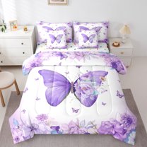 jejeloiu Chic Butterflies 7-Piece Twin Bedding Sets,Rustic Flower Floral Bedding Comforter Set,Purple White Sheet Sets For Kids,Luxury Bedroom Decor Reversible