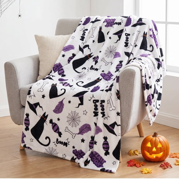 Hitime 50"x60" Halloween Throw Blanket - 300GSM Cozy Warm Flannel Fleece for Sofa Living Room, Holiday Gift Winter Bedding Decor - Purple Cat